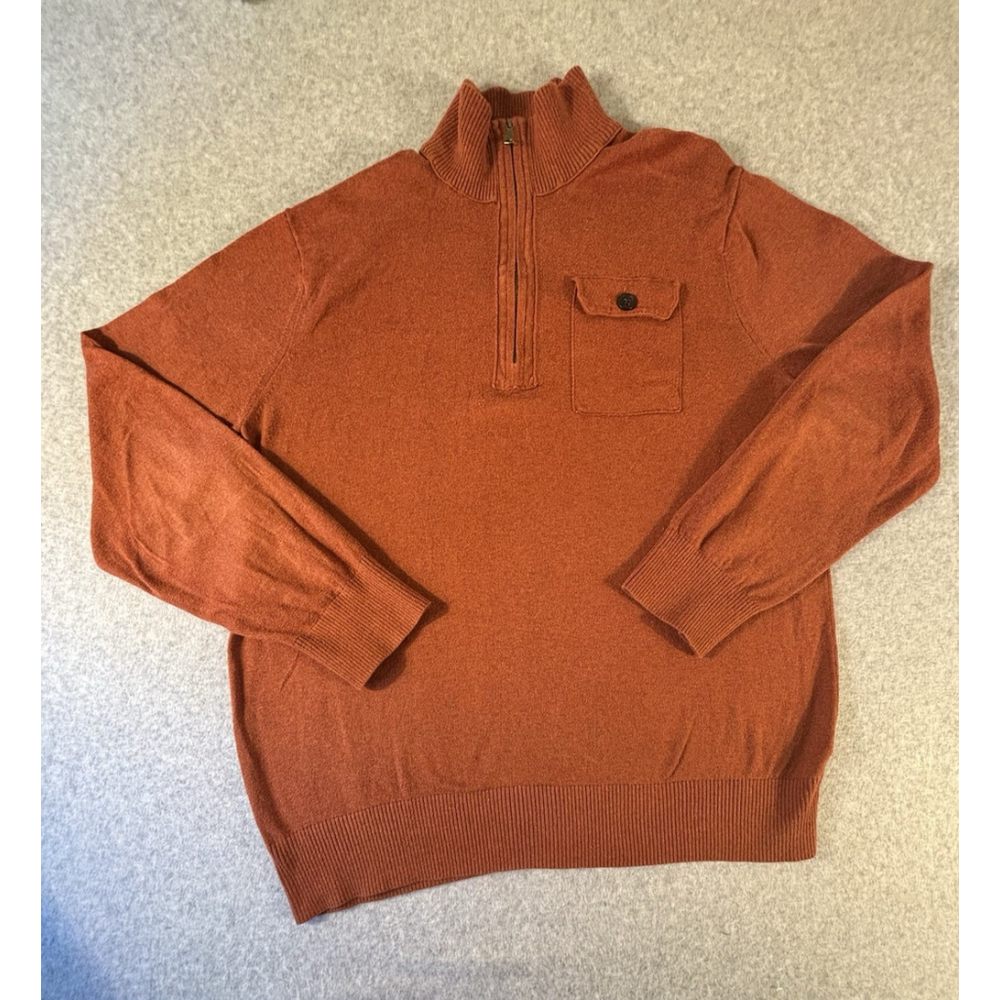 Banana Republic Mens XL Quarter Zip Sweater Rust Orange Cotton Mock Neck Pocket